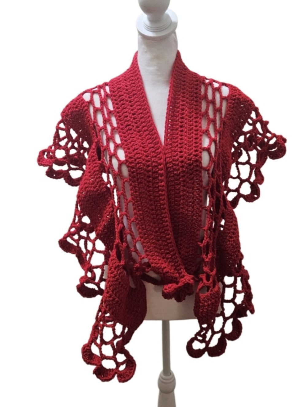 HAND CRAFTED Open-Knit Red Crochet Shrug Sweater 5-way Acrylic Summer Piece - Picture 15 of 16